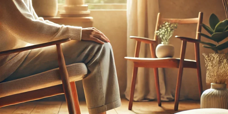 DALL·E 2024-11-27 15.55.51 - A peaceful and relaxed person comfortably seated on a chair with their feet flat on the ground, in a calm and serene environment. The background featu